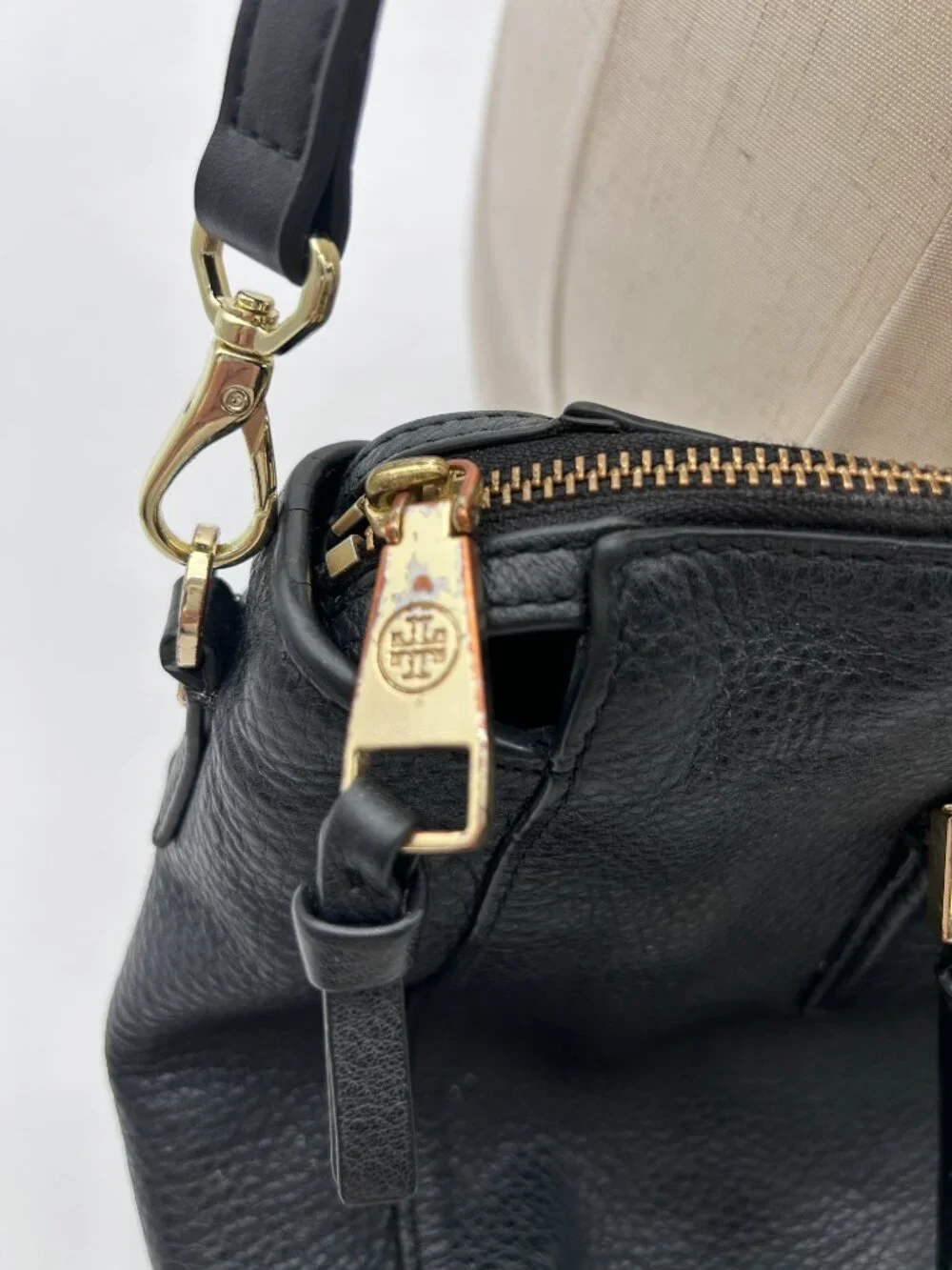 Tory Burch Black Pebbled Leather Satchel Crossbody Bag Gold Hardware